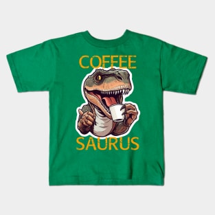 Tyrannosaurus Drinking Coffee - Coffee Saurus (Orange Lettering) Kids T-Shirt